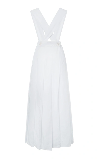 Shop Miu Miu Pleated Linen Pinafore Maxi Dress In White