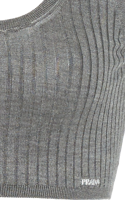 Shop Prada Ribbed Silk Cropped Bra Top In Grey