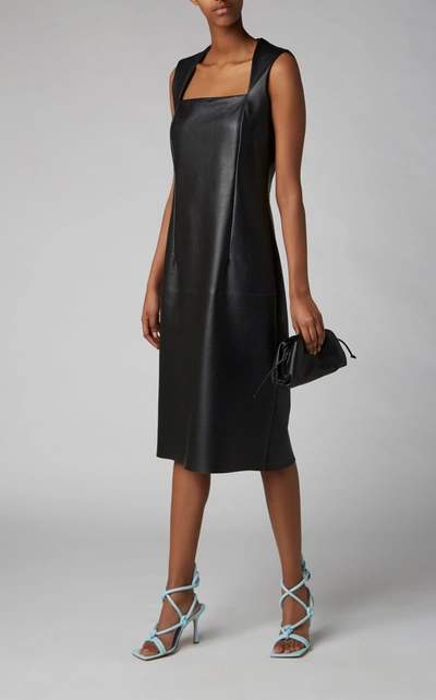 Shop Bottega Veneta Leather Midi Dress In Black