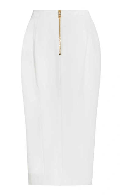 Shop Balmain High-rise Stretch-wool Midi Skirt In White