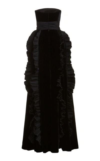 Shop Zuhair Murad Strapless Ruffle-trimmed Velvet Gown In Black