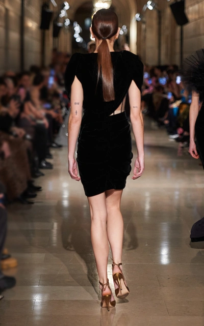 Shop Oscar De La Renta Exposed Corset Velvet Mini Dress In Black