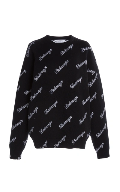 Shop Balenciaga Women's Script-logo Intarsia Wool-blend Sweater In Black