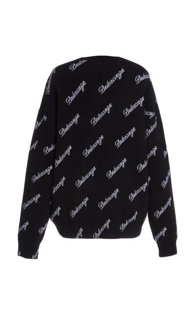 Shop Balenciaga Women's Script-logo Intarsia Wool-blend Sweater In Black