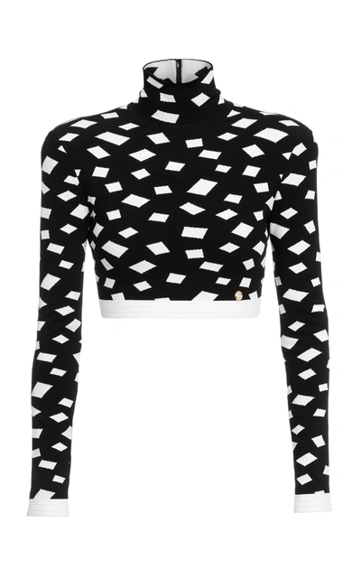 Shop Balmain Women's Jacquard-knit Mock-neck Crop Top In Black,white