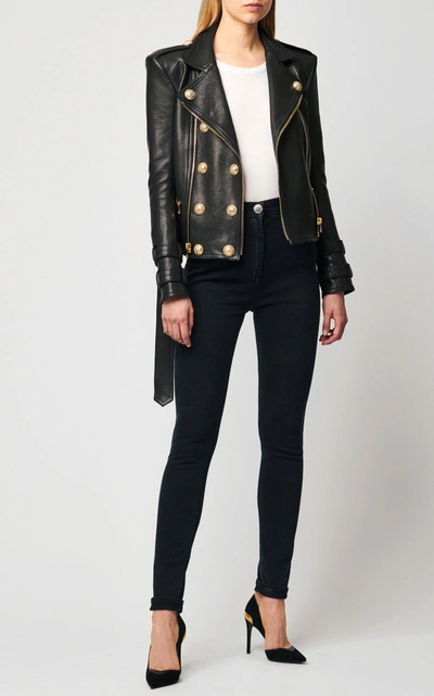 Shop Balmain Structured Button-front Leather Jacket In Black