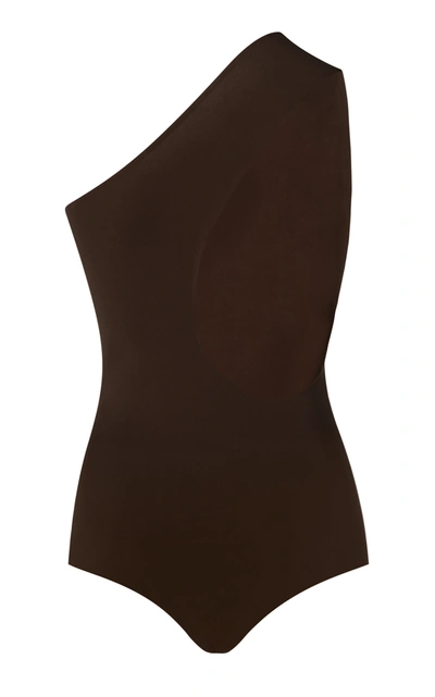 Shop Bottega Veneta Women's One-shoulder Stretch-jersey Swimsuit In Orange,brown