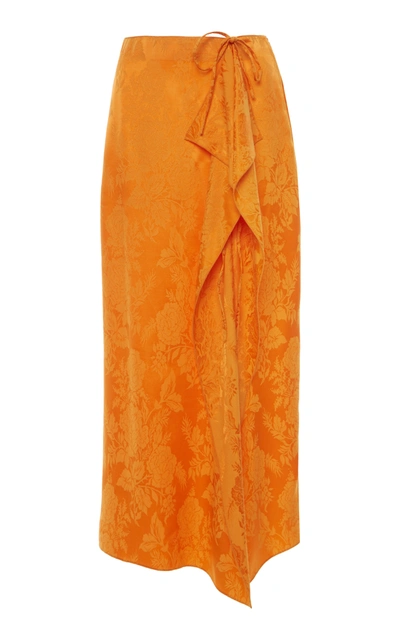 Shop Attico Tie-detailed Draped Satin-jacquard Midi Skirt In Orange