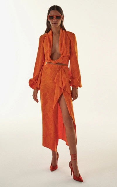 Shop Attico Tie-detailed Draped Satin-jacquard Midi Skirt In Orange