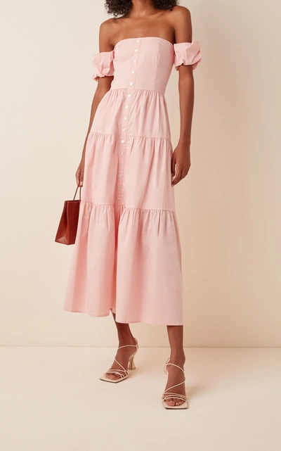 Shop Staud Elio Tiered Cotton-poplin Off-the-shoulder Dress In Pink