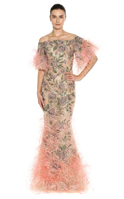 Shop Marchesa Sequin And Feather-embellished Tulle Gown In Pink