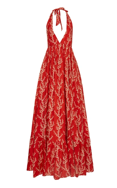 Shop Agua By Agua Bendita Women's Oliva Arrecife Printed Linen Halterneck Maxi Dress In Red