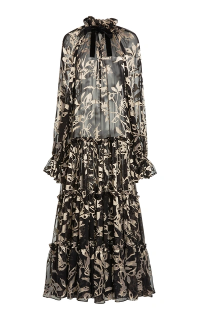 Shop Zimmermann Ladybeetle Floral Silk Tie-neck Maxi Dress In Black