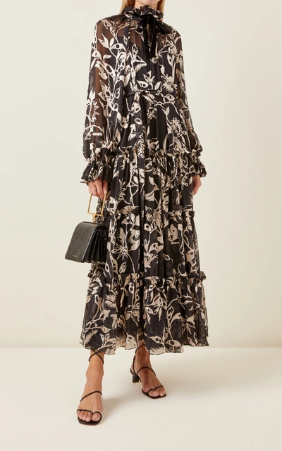 Shop Zimmermann Ladybeetle Floral Silk Tie-neck Maxi Dress In Black