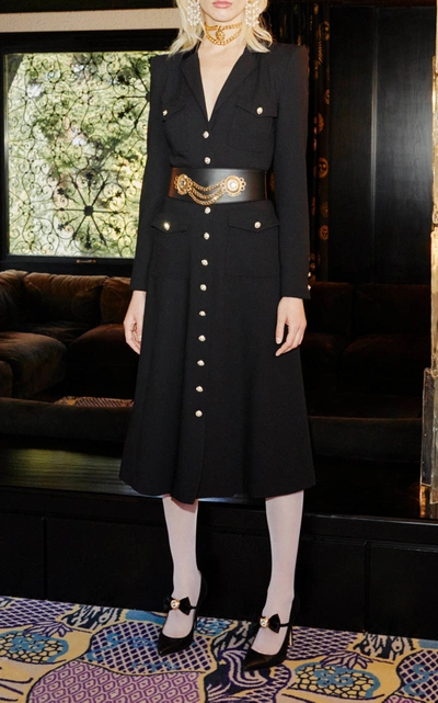 Shop Alessandra Rich Wool Button Front Pocket Dress In Black