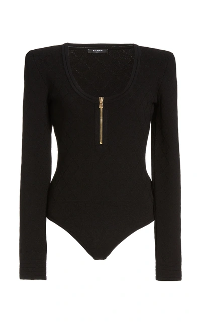 Shop Balmain Women's Zip-front Crepe Bodysuit In Black