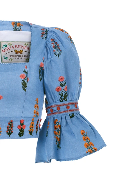 Shop Agua By Agua Bendita Women's Violeta Dahlia Linen Cropped Top In Blue