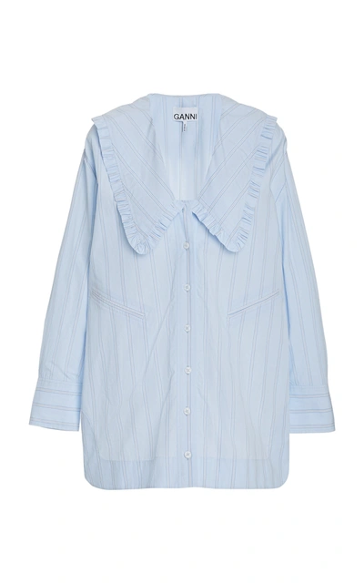 Shop Ganni Frilled Striped Organic Cotton Shirt In Blue