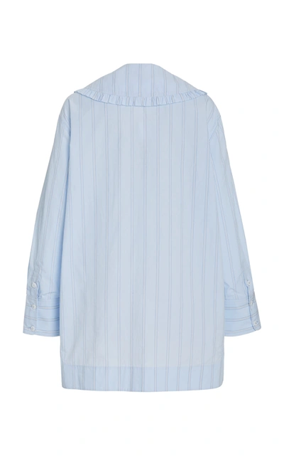 Shop Ganni Frilled Striped Organic Cotton Shirt In Blue