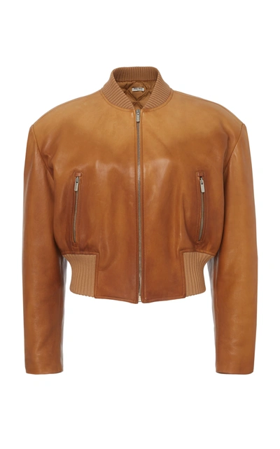 Shop Miu Miu Oversized Leather Jacket In Brown