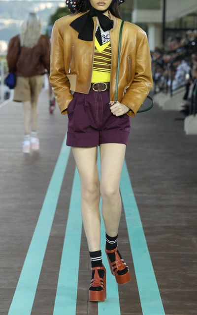 Shop Miu Miu Oversized Leather Jacket In Brown