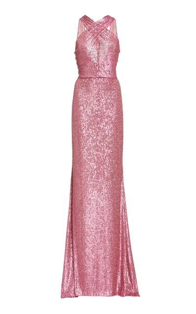 Shop Naeem Khan Criss-cross Sequin Gown In Pink