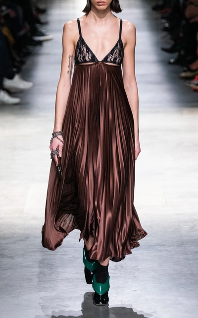 Shop Christopher Kane Women's Lace-panelled Pleated Satin Jersey Slip Dress In Brown