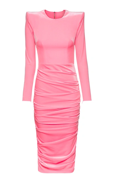 Shop Alex Perry Lucas Ruched Velvet Midi Dress In Pink