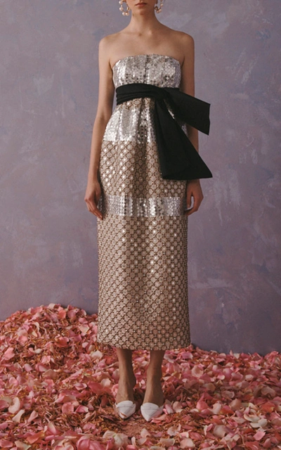 Shop Carolina Herrera Metallic Sequined Silk-jacquard Midi Dress In Multi