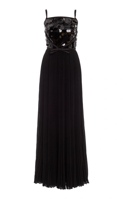 Shop Prada Women's Embellished Pleated Maxi Gown In Black