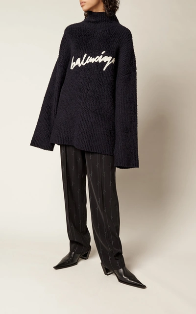 Shop Balenciaga Oversized Embroidered Brushed-cotton Turtleneck Sweater In Navy