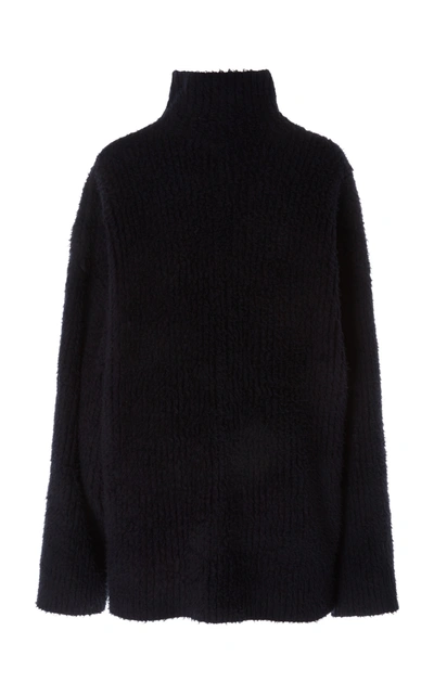 Shop Balenciaga Oversized Embroidered Brushed-cotton Turtleneck Sweater In Navy