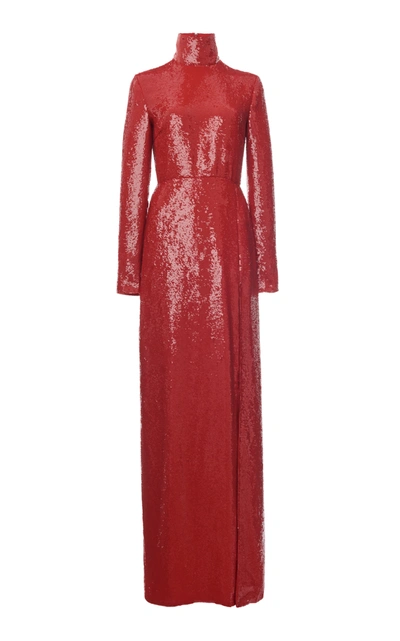 Shop Valentino Glitter-embellished Silk Turtleneck Gown In Red