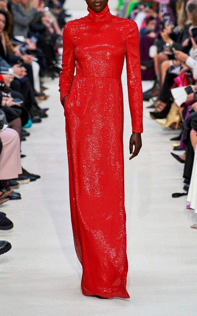 Shop Valentino Glitter-embellished Silk Turtleneck Gown In Red