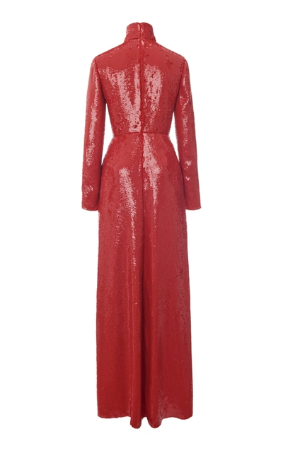 Shop Valentino Glitter-embellished Silk Turtleneck Gown In Red