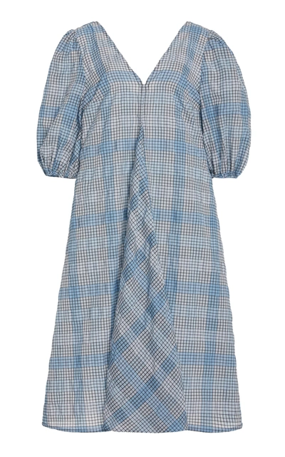 Shop Ganni Women's Puff-sleeve Checked Seersucker Midi Dress In Print