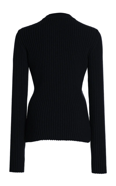Shop Victoria Beckham Argyle-cutout Ribbed-knit Wool-blend Sweater In Navy