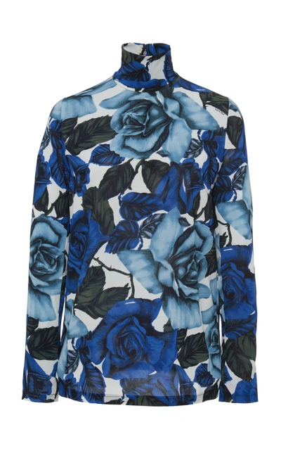 Shop Prada Floral-print Georgette Turtleneck Top In Blue