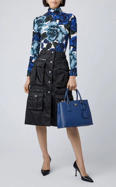 Shop Prada Floral-print Georgette Turtleneck Top In Blue