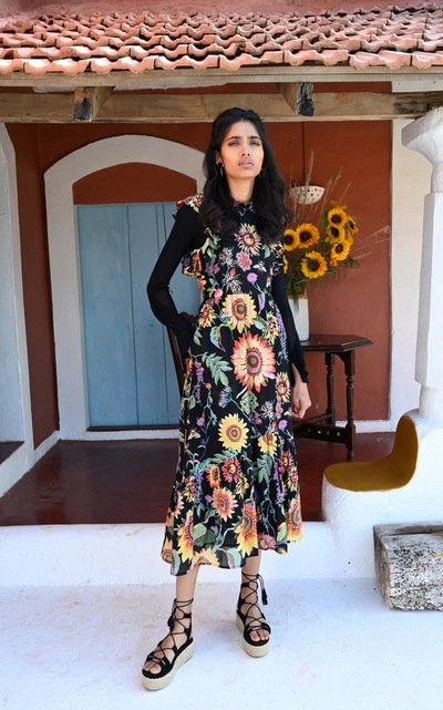 Shop Banjanan Hana Floral-print Cotton Dress In Black