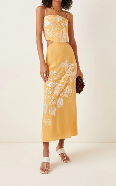 Shop Johanna Ortiz Moon Whispers Embroidered Silk Dress In Yellow