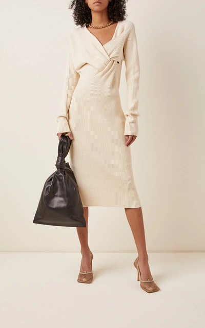 Shop Bottega Veneta Women's Asymmetric Draped Knitted Midi Dress In White