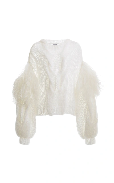 Shop Loewe Feather-trimmed Cable-knit Mohair Sweater In White