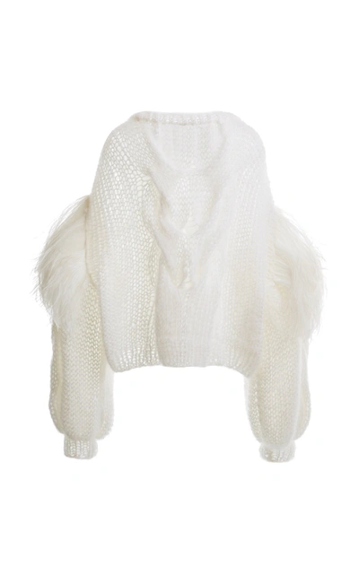 Shop Loewe Feather-trimmed Cable-knit Mohair Sweater In White