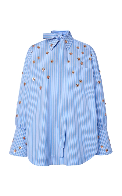 Shop Valentino Oversized Embellished Striped Cotton Shirt