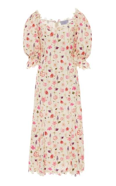 Shop Luisa Beccaria Floral-print Cotton-lace Midi Dress In White