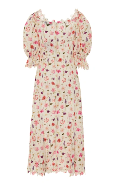 Shop Luisa Beccaria Floral-print Cotton-lace Midi Dress In White