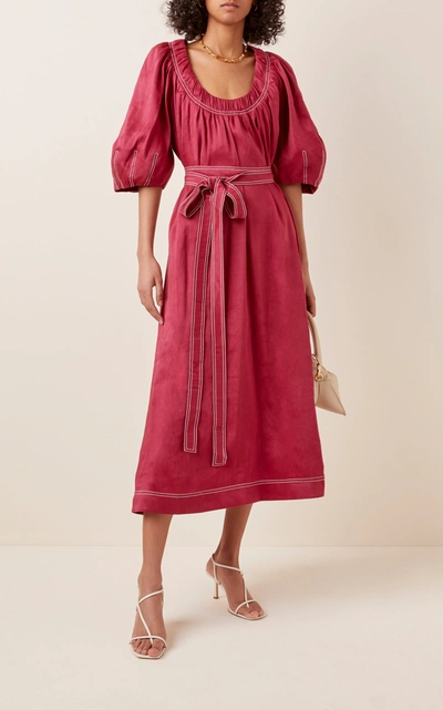 Shop Aje Rebellion Belted And Linen And Silk-blend Midi Dress In Red