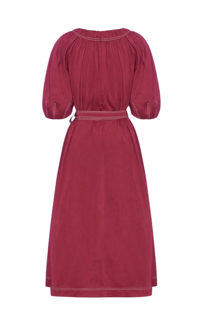 Shop Aje Rebellion Belted And Linen And Silk-blend Midi Dress In Red