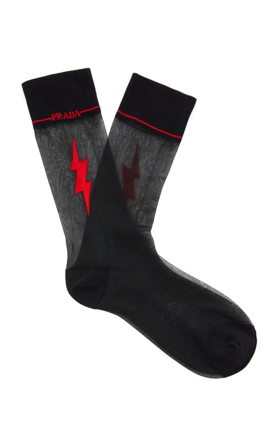 Shop Prada Jacquard-knit Tulle Socks In Red